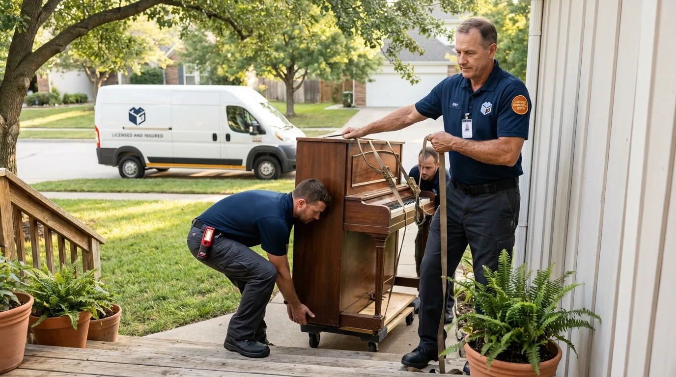 Licensed piano movers securing grand piano in Muskegon, MI