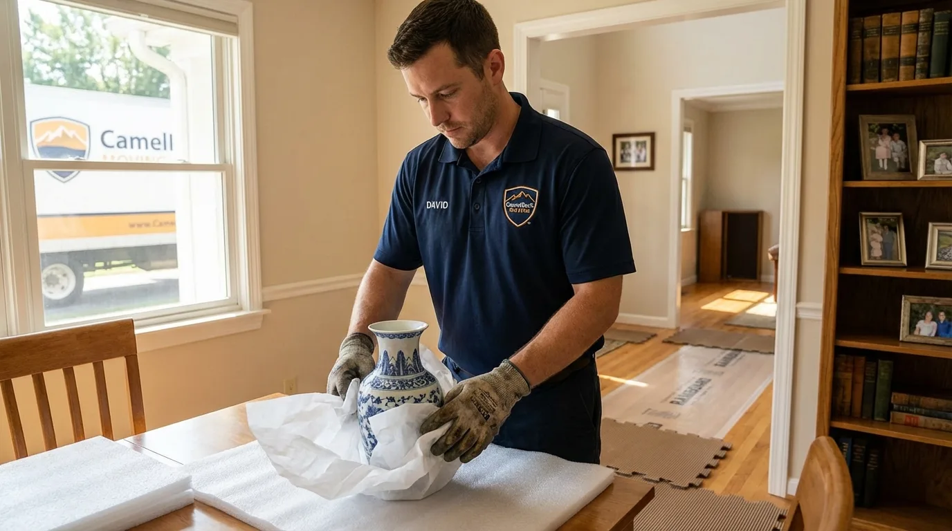 Professional crew carefully wrapping antique vase for senior downsizing move in Muskegon, MI